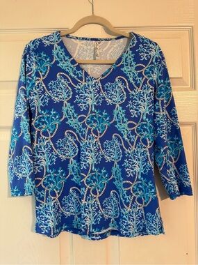 Lulu-B Royal Blue & Aqua Coral-Print V-Neck Long Sleeve Top